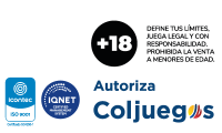 Imagen con logos de certificación ISO 9001 (Icontec), IQNet Certified Management System y símbolo +18, acompañados del texto: “Define tus límites, juega legal y con responsabilidad. Prohibida la venta a menores de edad”.