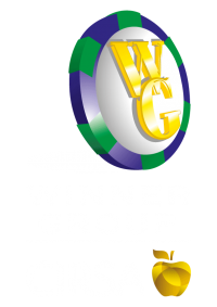 Logo de Winner Group, ficha de casino en verde y morado con letras doradas “WG” y manzana dorada, símbolo de entretenimiento y diversión.